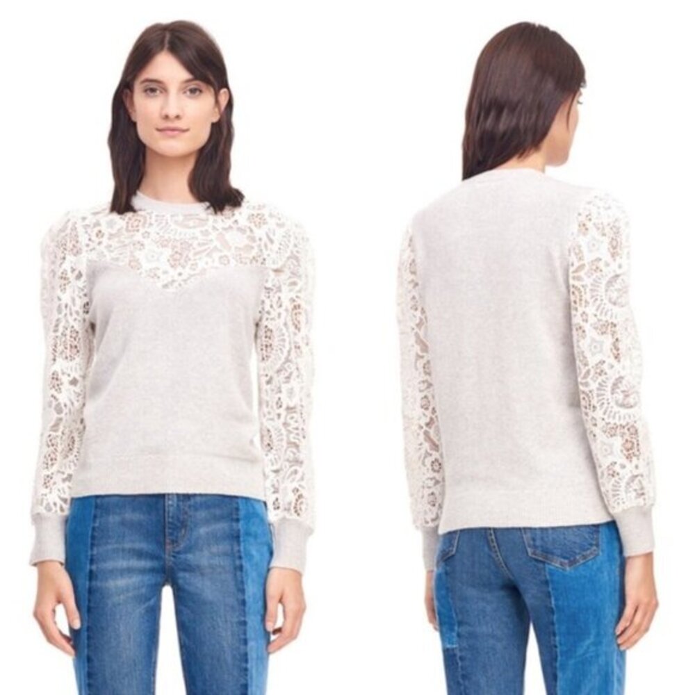 Rebecca Taylor Illusion Scalloped Lace Gray Wool Boho Chic Sweater Size Small/XS